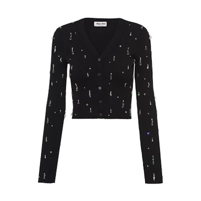 (Women) MIU MIU FW22 Black Sequin V-Neck Knit Pullover Sweater MMF621-11FO-F0002