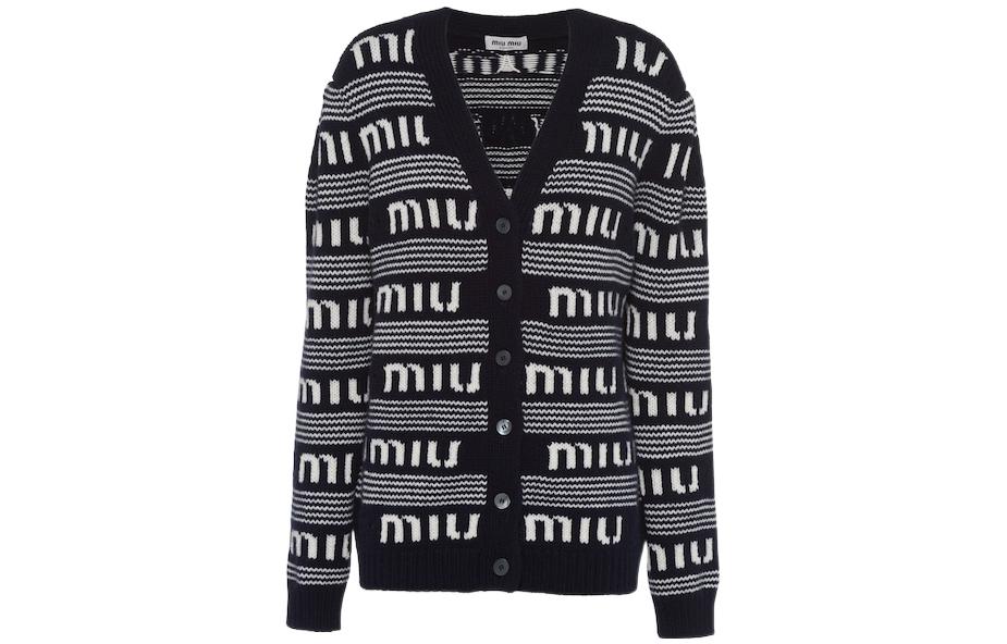 (Women) MIU MIU FW22  Black Striped V-Neck Knit Sweater with Letter Jacquard. MMF685-12KB-F022X
