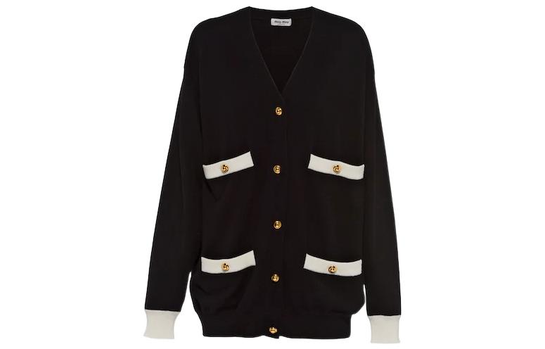(Women) MIU MIU FW22  Black V-Neck Button-Up Knit Cardigan with Contrast Trim. MMF696-12KG-F0002