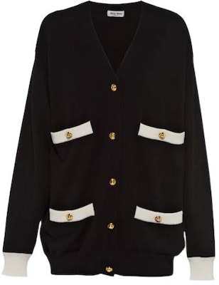 (W) MIU MIU FW22 Kardigan Rajut Hitam V-Leher Butang dengan Trim Kontras. MMF696-12KG-F0002 Buy (W) MIU MIU FW22 Kardigan Rajut Hitam V-Leher Butang dengan Trim Kontras. MMF696-12KG-F0002