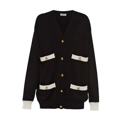(Women) MIU MIU FW22 Black V-Neck Button-Up Knit Cardigan with Contrast Trim. MMF696-12KG-F0002