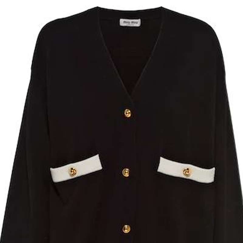 Details for (W) MIU MIU FW22 Kardigan Rajut Hitam V-Leher Butang dengan Trim Kontras. MMF696-12KG-F0002
