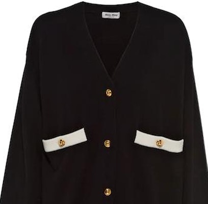 (W) MIU MIU FW22 Kardigan Rajut Hitam V-Leher Butang dengan Trim Kontras. MMF696-12KG-F0002 Details for (W) MIU MIU FW22 Kardigan Rajut Hitam V-Leher Butang dengan Trim Kontras. MMF696-12KG-F0002