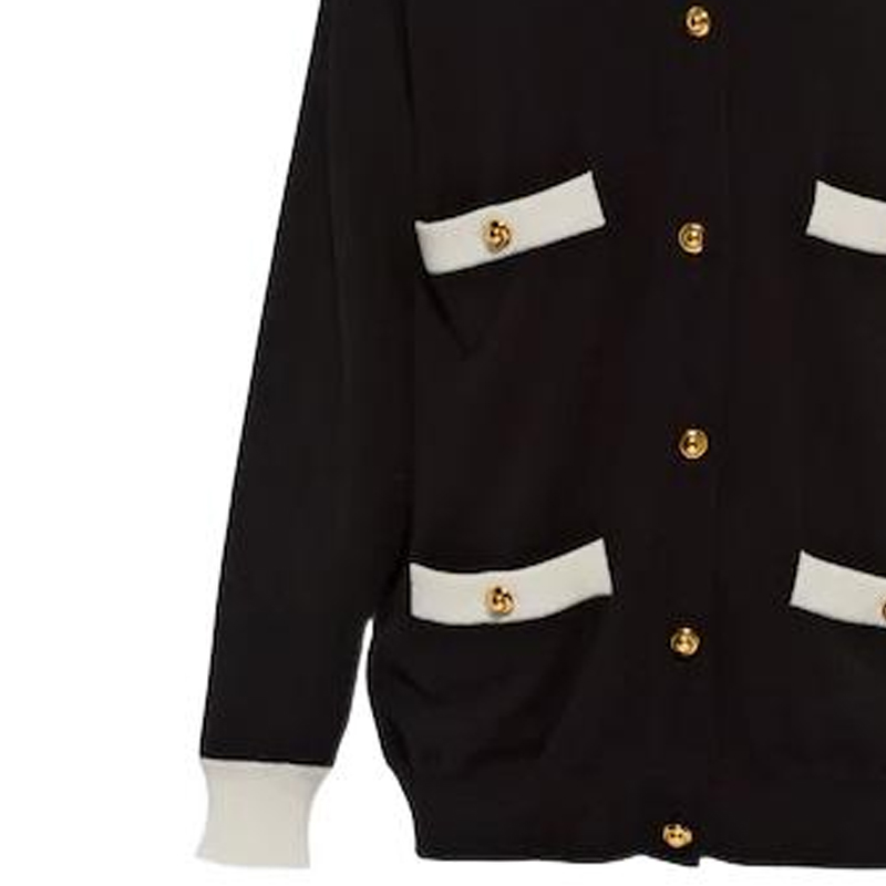 Sizing (W) MIU MIU FW22 Kardigan Rajut Hitam V-Leher Butang dengan Trim Kontras. MMF696-12KG-F0002
