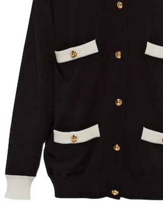 (W) MIU MIU FW22 Kardigan Rajut Hitam V-Leher Butang dengan Trim Kontras. MMF696-12KG-F0002 Sizing (W) MIU MIU FW22 Kardigan Rajut Hitam V-Leher Butang dengan Trim Kontras. MMF696-12KG-F0002