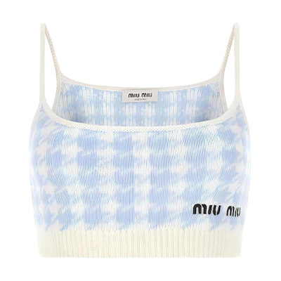 (Women) MIU MIU FW22 Blue Houndstooth Logo Embroidered Sleeveless Top. MMV033-11UX-F0BIL