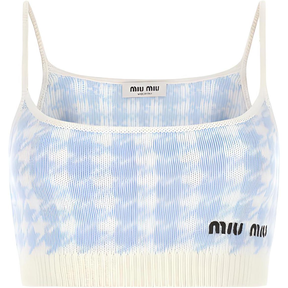 Order (W) MIU MIU FW22 Baju Tanpa Lengan Corak Houndstooth Biru Logo Sulaman. MMV033-11UX-F0BIL