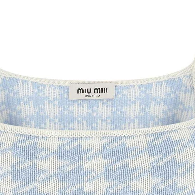 Details for (W) MIU MIU FW22 Baju Tanpa Lengan Corak Houndstooth Biru Logo Sulaman. MMV033-11UX-F0BIL