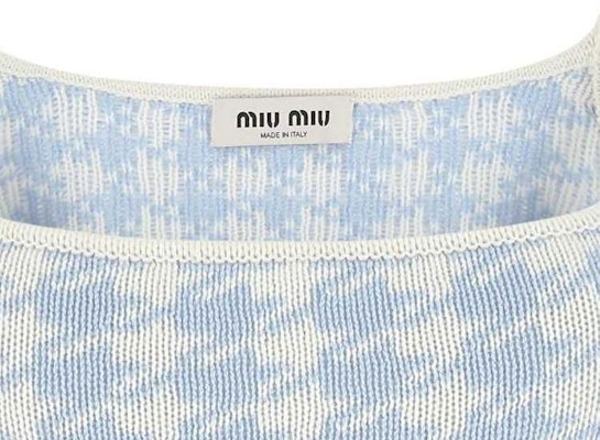 (W) MIU MIU FW22 Baju Tanpa Lengan Corak Houndstooth Biru Logo Sulaman. MMV033-11UX-F0BIL Details for (W) MIU MIU FW22 Baju Tanpa Lengan Corak Houndstooth Biru Logo Sulaman. MMV033-11UX-F0BIL