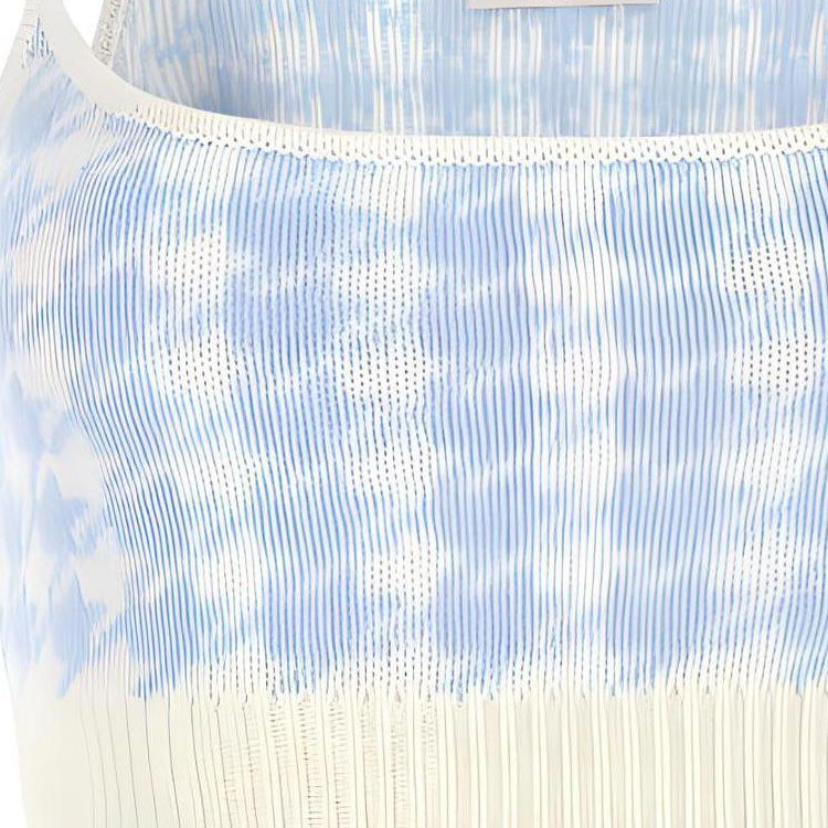 Sizing (W) MIU MIU FW22 Baju Tanpa Lengan Corak Houndstooth Biru Logo Sulaman. MMV033-11UX-F0BIL