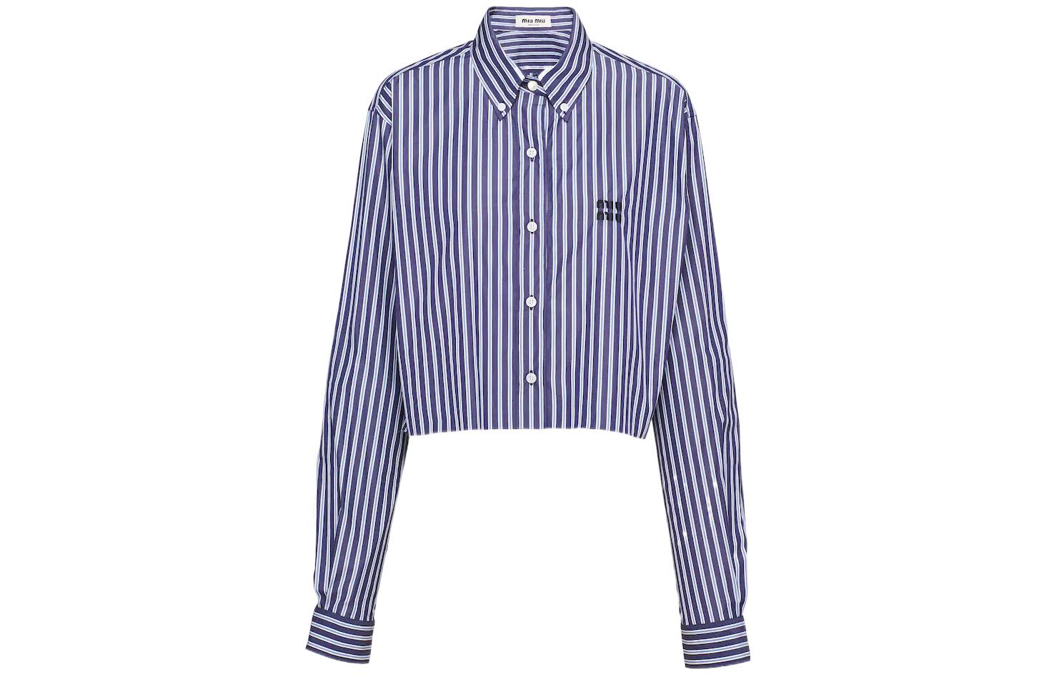 (Women) MIU MIU FW22  Blue Striped Logo Button-Up Long Sleeve Shirt. MK1708-11O0-F0008