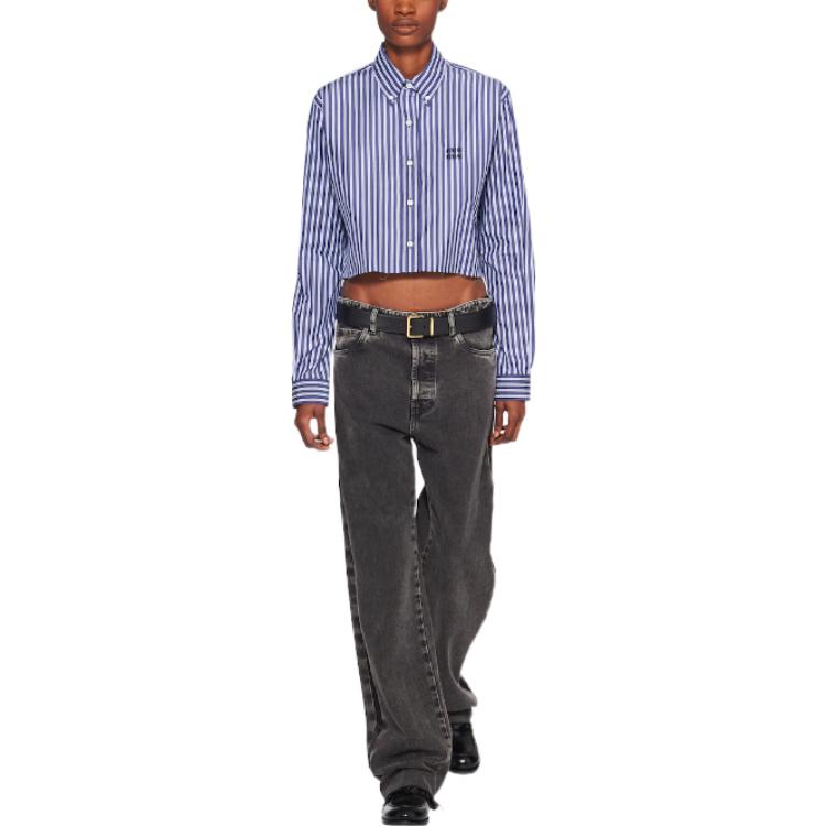 (Women) MIU MIU FW22  Blue Striped Logo Button-Up Long Sleeve Shirt. MK1708-11O0-F0008 圖 3