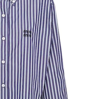(Women) MIU MIU FW22 Blue Striped Logo Button-Up Long Sleeve Shirt. MK1708-11O0-F0008 Details for (Women) MIU MIU FW22 Blue Striped Logo Button-Up Long Sleeve Shirt. MK1708-11O0-F0008