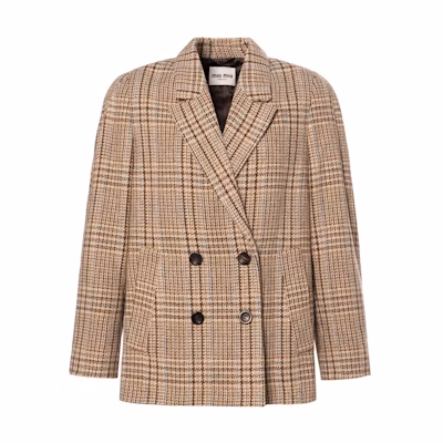 (Women) MIU MIU FW22 Brown Plaid Double-Breasted Long Sleeve Blazer MH181411GUF0324