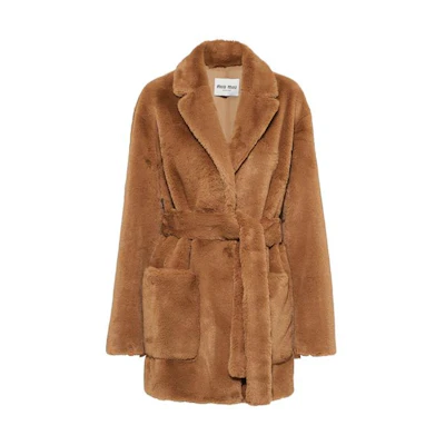 (Women) MIU MIU FW22 Brown V-Neck Belted Mid-Length Coat. MZS010-12NE-F0005