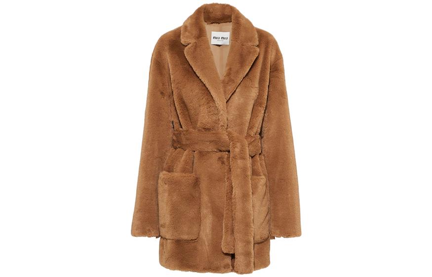 Order (Women) MIU MIU FW22  Brown V-Neck Belted Mid-Length Coat. MZS010-12NE-F0005