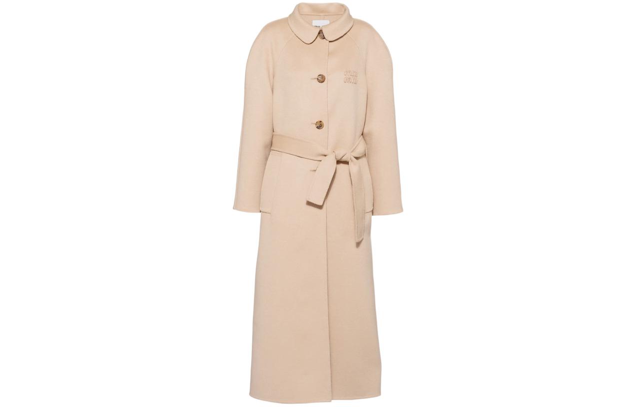 (Women) MIU MIU FW22  Embroidered Logo Belted Long Coat Khaki. MS1909-11KS-F0627