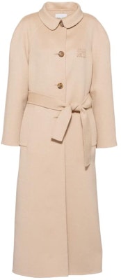 (Women) MIU MIU FW22 Embroidered Logo Belted Long Coat Khaki. MS1909-11KS-F0627 Order (Women) MIU MIU FW22 Embroidered Logo Belted Long Coat Khaki. MS1909-11KS-F0627