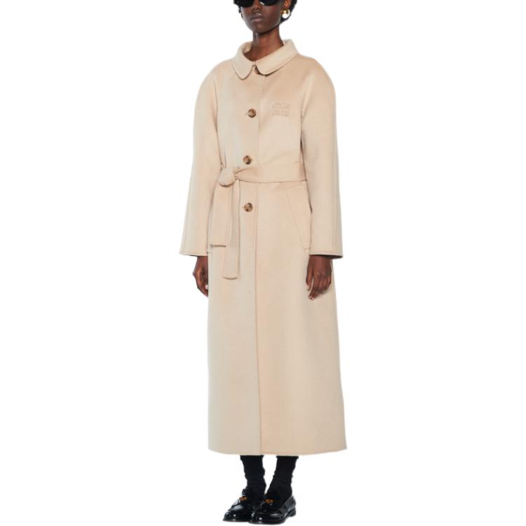 Lookbook (Women) MIU MIU FW22  Embroidered Logo Belted Long Coat Khaki. MS1909-11KS-F0627