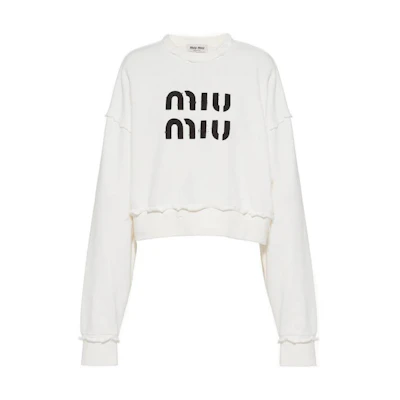 (Women) MIU MIU FW22 Embroidered Logo Pullover Sweatshirt White MJL911-12MI-F0009