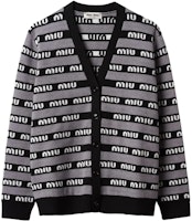 (Women) MIU MIU FW22 Gray Striped Logo V-Neck Button Knit Cardigan. MMF657-1V8X-F0002 (Women) MIU MIU FW22 Gray Striped Logo V-Neck Button Knit Cardigan. MMF657-1V8X-F0002