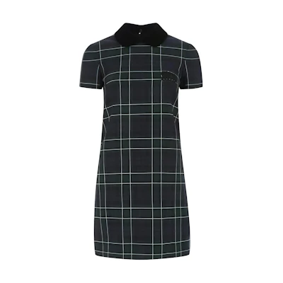 (Women) MIU MIU FW22 Green Plaid Short-Sleeve Dress with Logo Patch MF4626-1ZZV-F0008