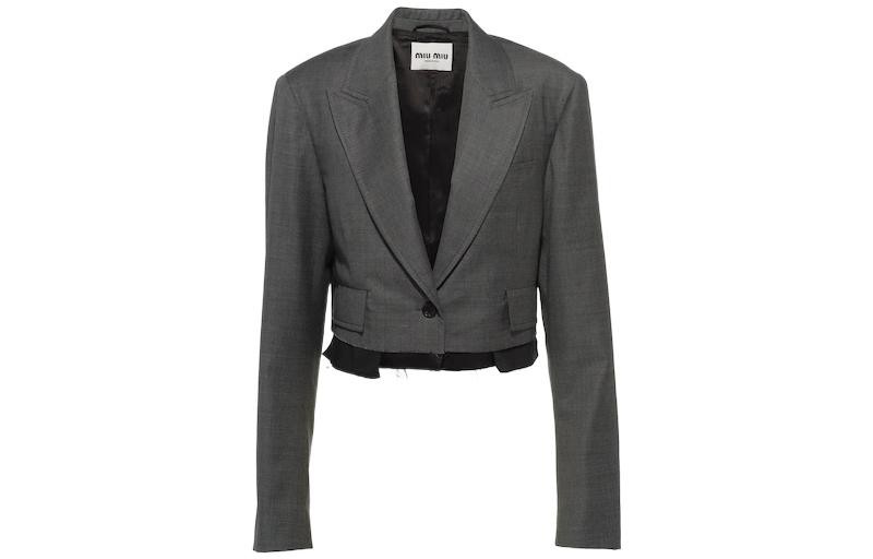 (Women) MIU MIU FW22  Grey Colorblock Fringe Blazer with Single Button Flap Pocket. MH1835-11RF-F0480
