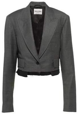 (W) MIU MIU FW22 그레이 컬러블록 프린지 싱글 버튼 플랩 포켓 블레이저 MH1835-11RF-F0480 Buy (W) MIU MIU FW22 그레이 컬러블록 프린지 싱글 버튼 플랩 포켓 블레이저 MH1835-11RF-F0480