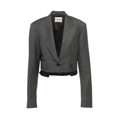 (Women) MIU MIU FW22 Grey Colorblock Fringe Blazer with Single Button Flap Pocket. MH1835-11RF-F0480