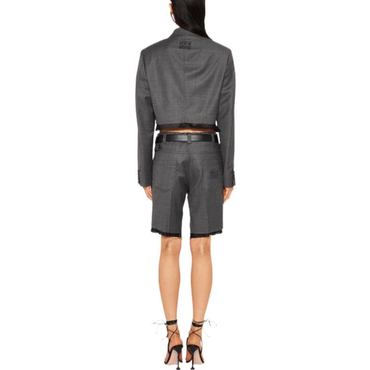Shop (W) MIU MIU FW22 그레이 컬러블록 프린지 싱글 버튼 플랩 포켓 블레이저 MH1835-11RF-F0480
