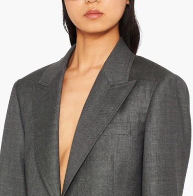 (W) MIU MIU FW22 그레이 컬러블록 프린지 싱글 버튼 플랩 포켓 블레이저 MH1835-11RF-F0480 Details for (W) MIU MIU FW22 그레이 컬러블록 프린지 싱글 버튼 플랩 포켓 블레이저 MH1835-11RF-F0480