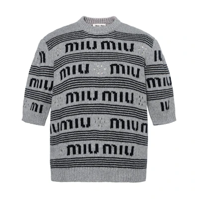 (Women) MIU MIU FW22 Grey Knit Sweater with Logo Stripes and Half Sleeves. MML718-12KB-F0BD9-S-231