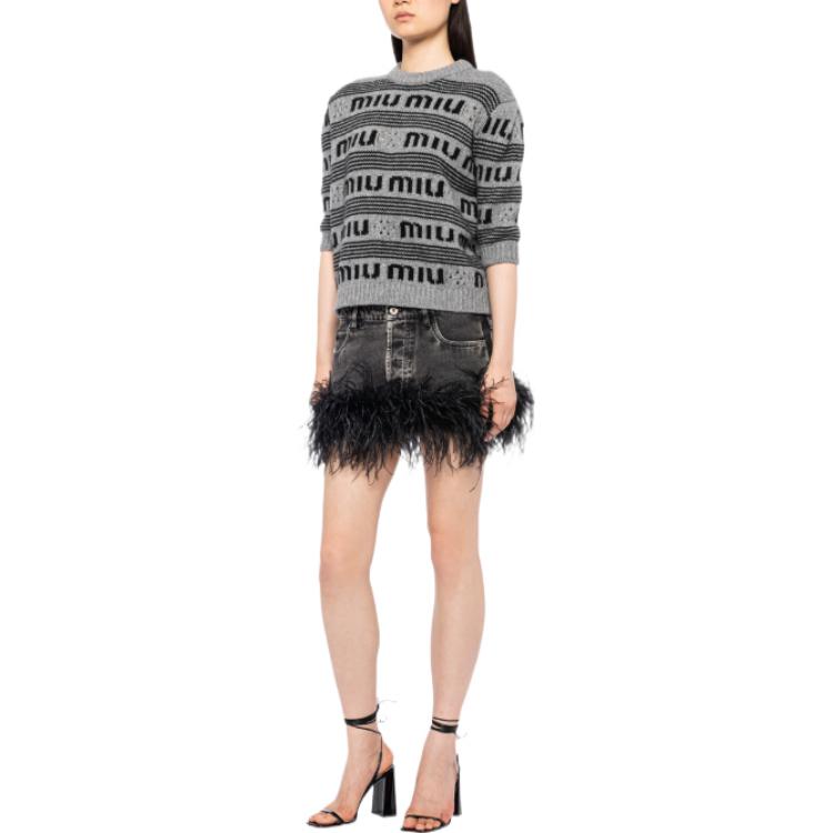 Lookbook (Women) MIU MIU FW22  Grey Knit Sweater with Logo Stripes and Half Sleeves. MML718-12KB-F0BD9-S-231
