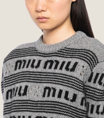 (Women) MIU MIU FW22 Grey Knit Sweater with Logo Stripes and Half Sleeves. MML718-12KB-F0BD9-S-231 Details for (Women) MIU MIU FW22 Grey Knit Sweater with Logo Stripes and Half Sleeves. MML718-12KB-F0BD9-S-231