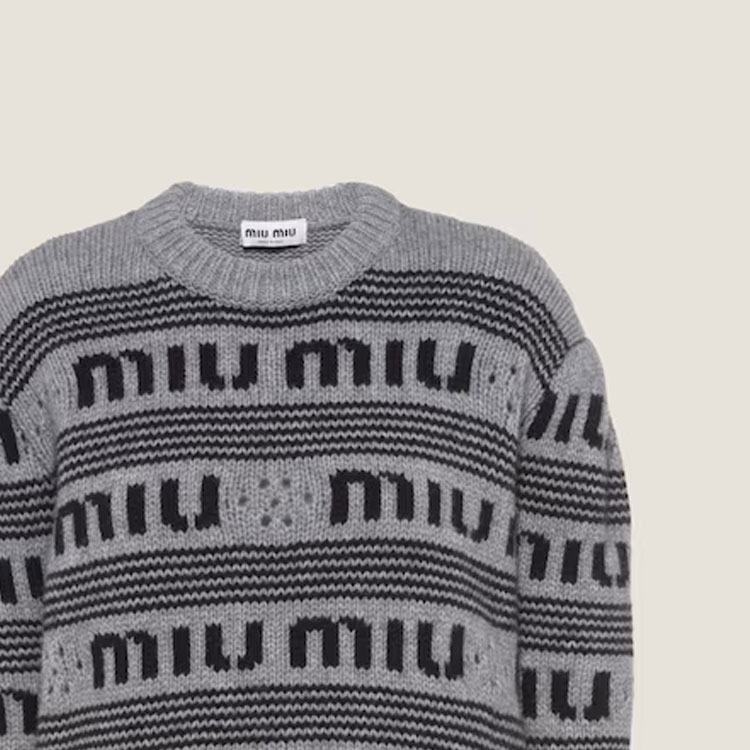 Sizing (Women) MIU MIU FW22  Grey Knit Sweater with Logo Stripes and Half Sleeves. MML718-12KB-F0BD9-S-231