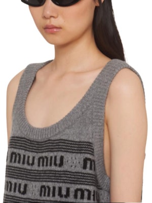 (W) MIU MIU FW22 灰色无袖连衣裙字母标志提花织物. MMA757-12KA-F0BD9 Details for (W) MIU MIU FW22 灰色无袖连衣裙字母标志提花织物. MMA757-12KA-F0BD9