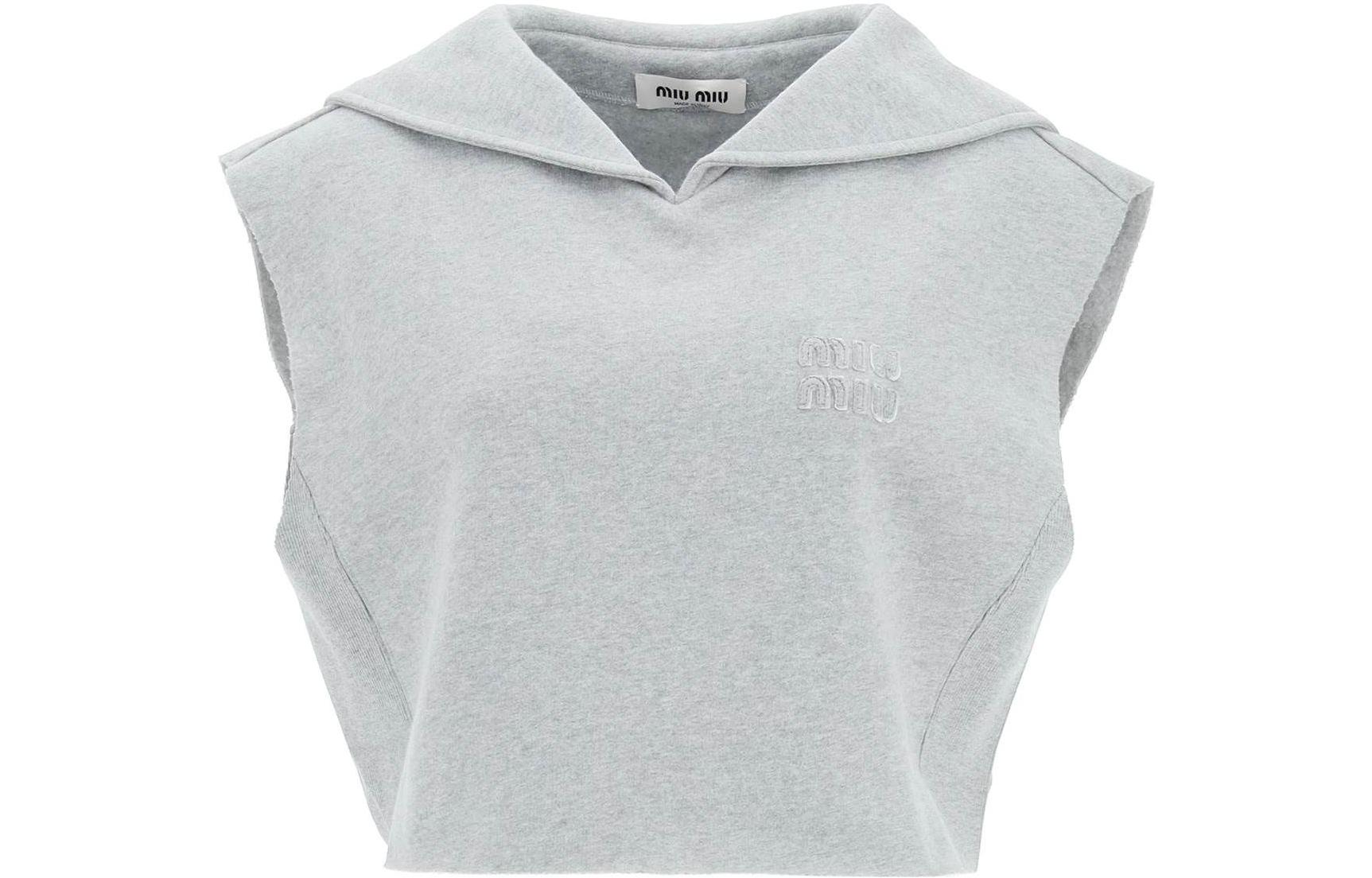 (Women) MIU MIU FW22  Grey Sleeveless Hooded Pullover Sweatshirt. MJT654-102J-F0031