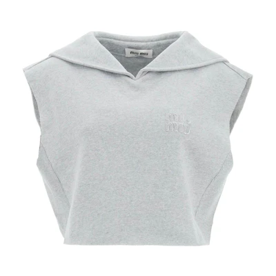 (Women) MIU MIU FW22 Grey Sleeveless Hooded Pullover Sweatshirt. MJT654-102J-F0031