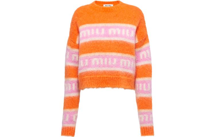 (Women) MIU MIU FW22  Oversized Knit Logo Sweater Multicolor Striped - Orange. MML673-11YG-F0049