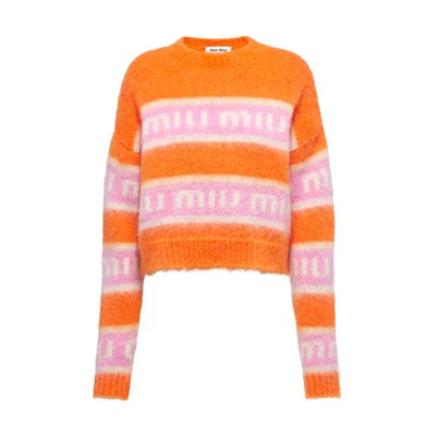 (Women) MIU MIU FW22 Oversized Knit Logo Sweater Multicolor Striped - Orange. MML673-11YG-F0049