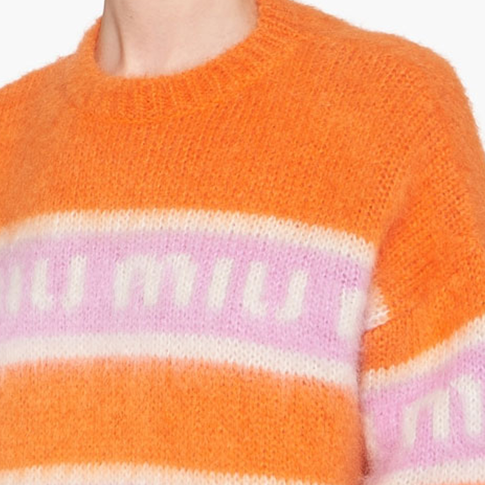 Details for (W) MIU MIU 秋冬款宽松条纹撞色针织Logo毛衣 - 橙色多彩条纹. MML673-11YG-F0049