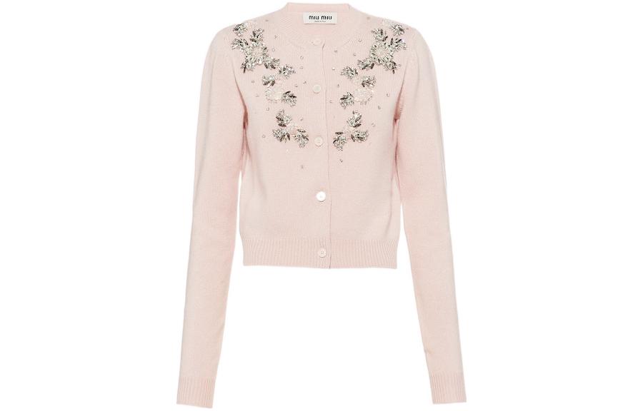 (Women) MIU MIU FW22  Pink Embroidered Cashmere Knit Cardigan Sweater. MMF667-119Y-F0E18
