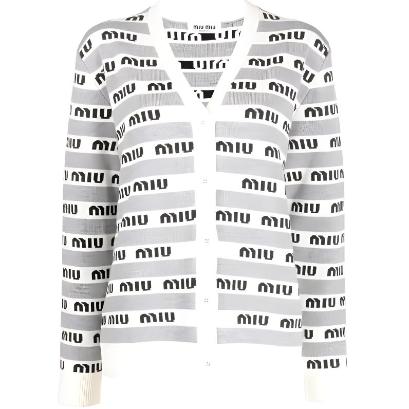 (Women) MIU MIU FW22  Striped Logo Knit Cardigan Gray Long Sleeve. MMF657-1V8X-F0031