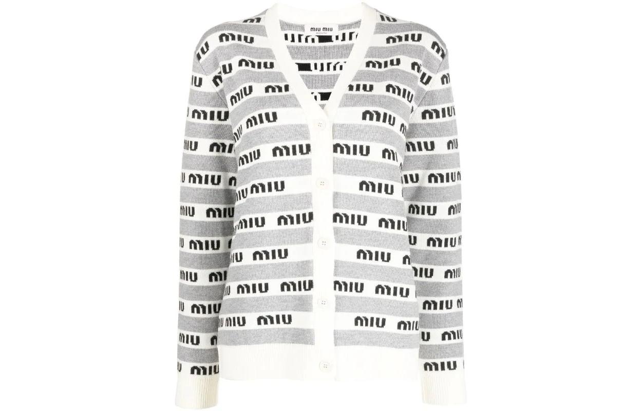 Order (W) MIU MIU FW22 Kardigan Kelabu Lengan Panjang Berjalur Logo. MMF657-1V8X-F0031