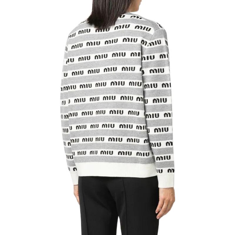 Shop (W) MIU MIU FW22 Kardigan Kelabu Lengan Panjang Berjalur Logo. MMF657-1V8X-F0031