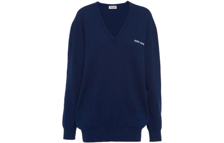 (Women) MIU MIU FW22  V-Neck Knit Pullover Sweater Deep Blue with Logo Embroidery MML692-112S-F0215