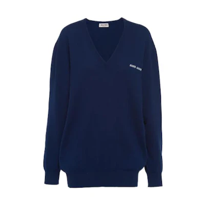 (Women) MIU MIU FW22 V-Neck Knit Pullover Sweater Deep Blue with Logo Embroidery MML692-112S-F0215