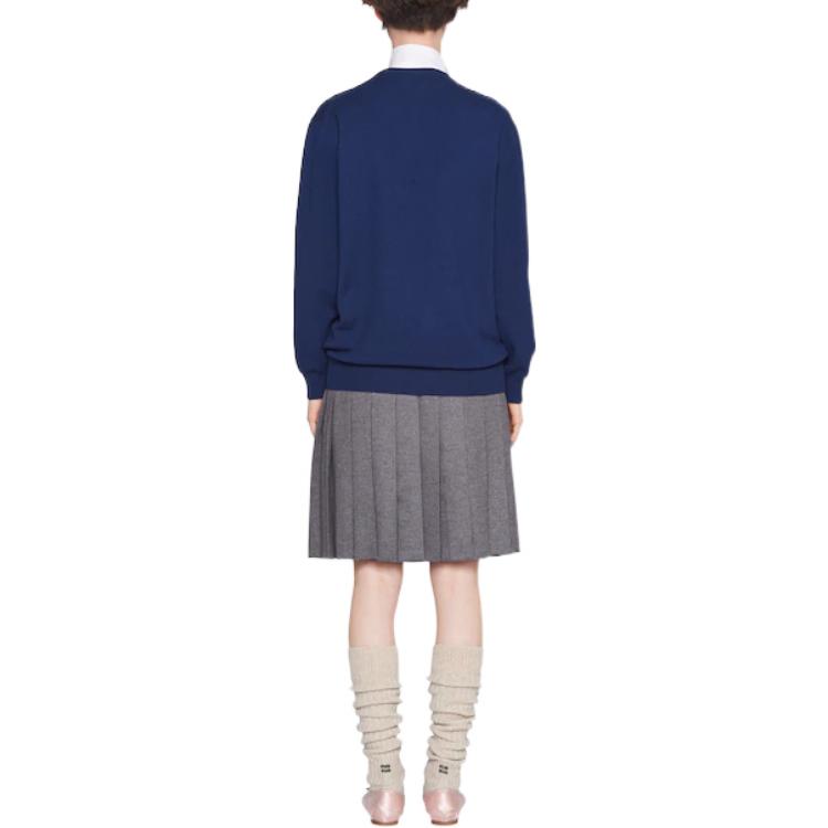 (Women) MIU MIU FW22  V-Neck Knit Pullover Sweater Deep Blue with Logo Embroidery MML692-112S-F0215 圖 4