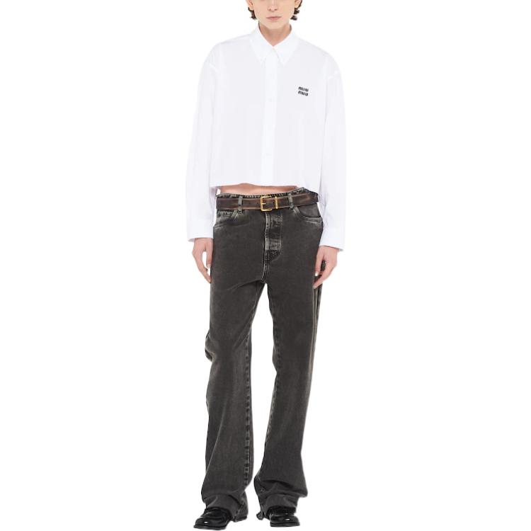 Lookbook (Women) MIU MIU FW22  White Cropped Long Sleeve Top with Logo Print. MK1659-10RG-F0009