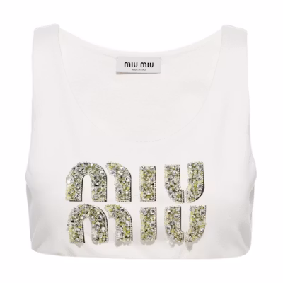 (Women) MIU MIU FW22 White Knit Vest with Embroidered Logo. MJT655-12HD-F0009
